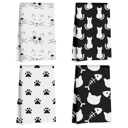 Lovdazzles 4 Pcs Cute Cat Kitchen Towels Decorative Tea Towel 02 | Absorbent Microfiber Dish Cloth, Waffle Soft Hand Towels for Home, Farmhouse, Bathroom Decor, Cat Lover Gifts - color: Multi 1659