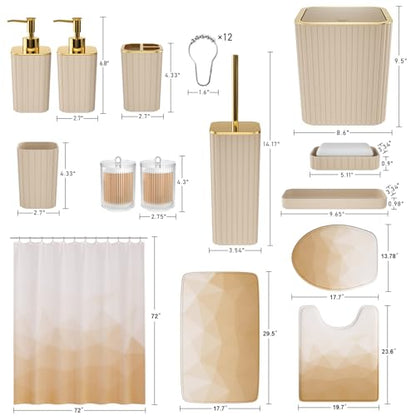 XLHOMO Bathroom Accessory Set - 26PC Bathroom Shower Curtain and Rug Set, Bathroom Accessories Set, Beige Bathroom Set with Trash Can, Toilet Brush, Qtip Holder & Soap Dispenser - style: Beige