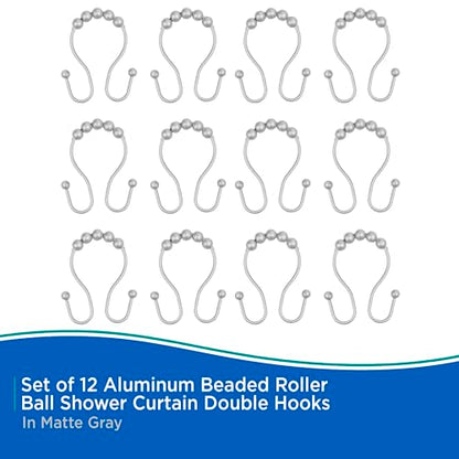 Kenney KN67124 Rust-Proof Gliding Aluminum Beaded Shower Curtain Rings with Double Hanging Hooks for Shower Curtain and Standard Shower Curtain Rod, Bathroom Use, Easy to Install, 12-Pack, Matte Gray
