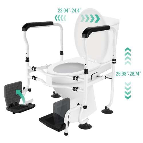 Toilet Safety Rails with Footrests, Adjustable Height & Width, Foldable Heavy Duty Toilet Safety Frame with Handles, Supports 500 lbs, Fits Most Standard Toilets-Suit for Elderly, Seniors & Disabled