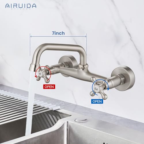 Airuida 8 Inch Center Brushed Nickel Wall Mount Kitchen Sink Faucet | Double Cross Handle,Adjustable Center,6 Inch(15cm) Spout - color: Brushed Nickel