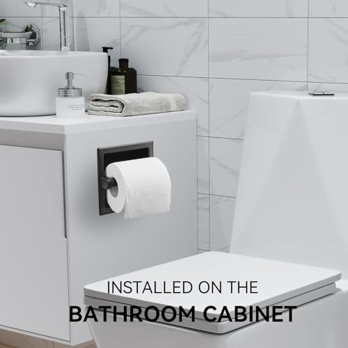 JunSun Recessed Toilet Paper Holder Matte Black Stainless Steel Toilet Paper Roll Holder Tissue Holder Modern Tissue Roll Dispenser 6" X 6" Square Jumbo Mega Roll Holder Rear Mounting Bracket Included - color: Matte Black