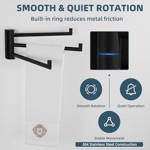 Aomasi Matte Black Swivel Towel Rack with 3 Rotating Arms, Wall Mounted | Rustproof 304 Stainless Steel, Rotate 180° for Easy Towel Access, Space-saving RV Towel Rack for Small Bathroom or Kitchen - color: Matte Black