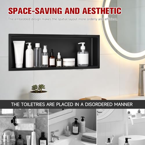 VELPAX No Tile Needed Shower Niche 12"X 36", Bathroom Wall Niche Single Shelf, Stainless Steel Shower Niche for Bathroom, Kitchens, Balconies - color: Black, size: 12"X 36" Single Shelf