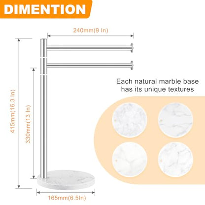 Hand Towel Holder, Stainless Steel Hand Towel Stand with Marble Base, Swivel Hand Towel Rack Standing Towel Bar for Kitchen Countertop, 2 Arms, Brushed Nickel