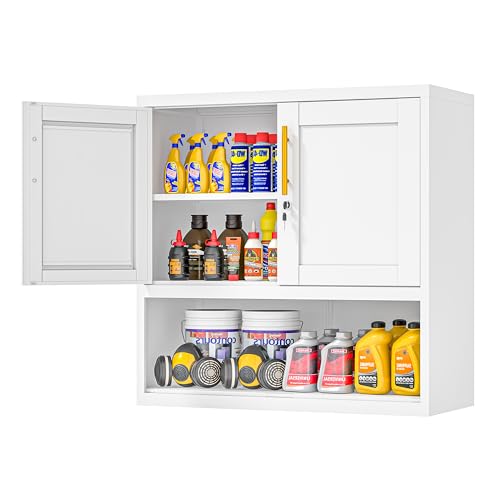 GAIOUS Metal Garage Wall Cabinet with Lock, Wall Mounted Steel Tool Cabinet | with Door and Shelf, Medicine Cabinet with Open Area, Hanging Cabinet for Garage Warehouse Bathroom Kitchen, White - color: White, size: 11.81"D x 27.6"W x 27.6"H