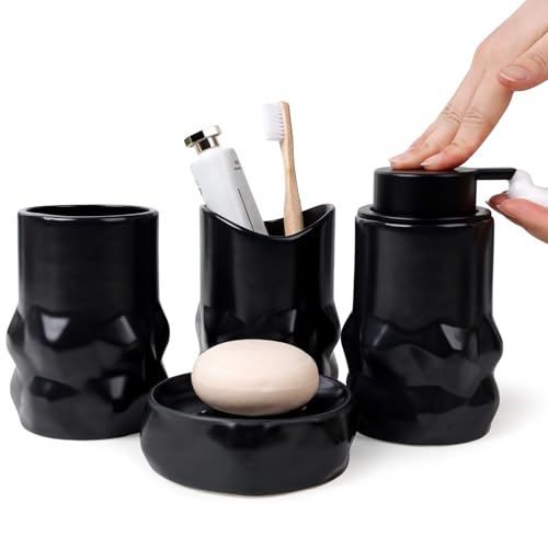 BosilunLife Modern Ceramic Bathroom Accessories Set, Bathroom Counter Set Matte Black Bathroom Decor Sets Accessories Bathroom Foam Soap Dispenser, Toothbrush Holder Set, Soap Dish, Apothecary Jars - color: Black-foam-sculpt-4pcs