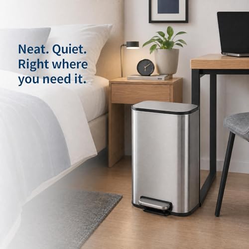GarveeHome 3.2 Gal Stainless Steel Bathroom Trash Can with Lid, Silver | Rectangular Small Step Waste Bin, Hands-Free Foot Pedal, Removable Inner Bucket, Quiet Close, for Bedroom Restroom - color: Stainless Steel, size: 12 L