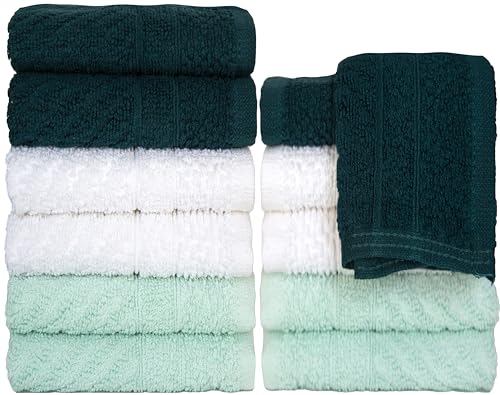 PH Pleasant Home Diagonal Wash Cloths Set - 12 Pack (12” x 12”) – 509 GSM - 100% Ring Spun Cotton Wash Cloth - Super Soft and Highly Absorbent Face Towels (Green, White & Mint) - color: Green, White & Mint, style: Diagonal