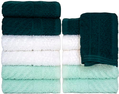 PH Pleasant Home Diagonal Wash Cloths Set - 12 Pack (12” x 12”) – 509 GSM - 100% Ring Spun Cotton Wash Cloth - Super Soft and Highly Absorbent Face Towels (Green, White & Mint) - color: Green, White & Mint, style: Diagonal