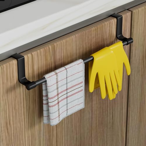 Over Cabinet Door Stainless Steel Towel Rack for Kitchen and Bathroom, Hanging Organizer Bar for Dish Cloths and Cleaning Gloves - color: Black