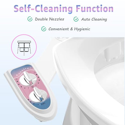 Aünsffer Toilet Bidet Attachment for Toilet, No-Electric Fresh Cold Water with Dual Nozzles Sprayer, 3 Wash Modes (Feminine/Bidet Wash + Self-Cleaning)，Fits Standard Toilet Bowl, Blue Pink - color: Blue Pink