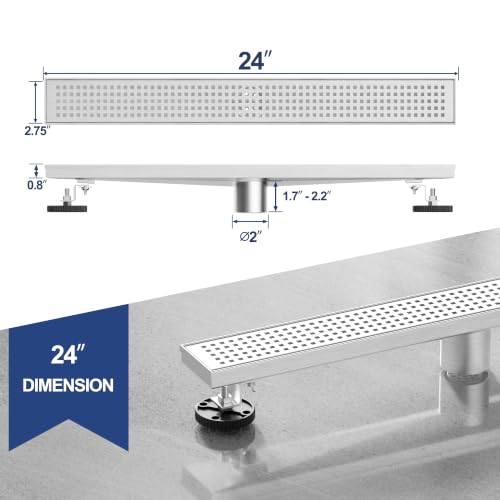 Neodrain 24" Linear Shower Drain, Brushed 304 SS Bathroom Linear Drain,cUPC | Brushed Nickel Shower Drain with Quadrato Grate& Adjustable Feet, Long Rectangle Shower Floor Drain in Bathroom, Balcony etc - color: Brushed Nickel, size: 24 In