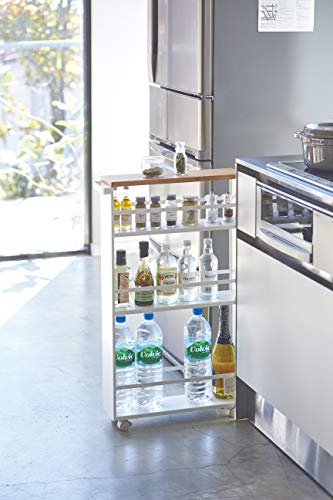 YAMAZAKI home Tower Rolling Slim Storage Cart With Handle White | Narrow kitchen storage cabinet with built-in handle. Slim rolling storage cart with wheels. Easy assembly. Keeps items tidy. - color: White