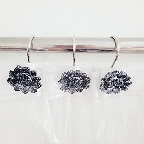 Twofish Home Black Flower Shower Curtain Hooks Anti Rust Shower Curtain Hooks Decorative Resin Black Flower Shower Curtain Rings Set of 12 - color: Black Flower