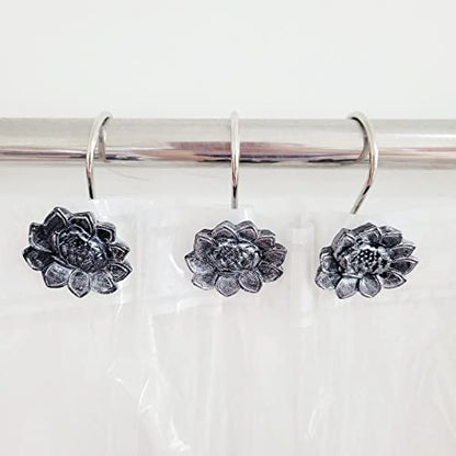 Twofish Home Black Flower Shower Curtain Hooks Anti Rust Shower Curtain Hooks Decorative Resin Black Flower Shower Curtain Rings Set of 12 - color: Black Flower