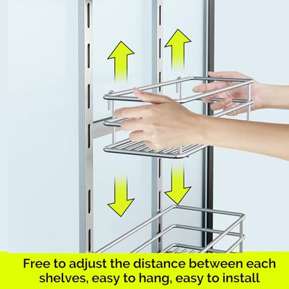 Orimade Over The Door Shower Caddy Adjustable 3 Tier Silver,Bathroom Hanging Organizer Shelf Rustproof with 4 Hooks,Shower Basket with Soap Holder and Suction Cup - color: Silver Grey-3T