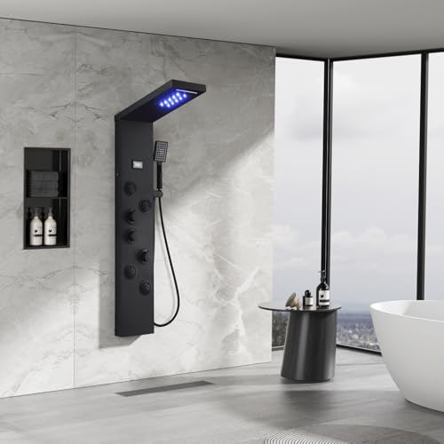 5-in-1 LED Shower Panel Tower System Matte Black Stainless Steel | Rainfall + waterfall | 4 body jets | Handheld shower | LED lights | Wall mount - color: Matte Black