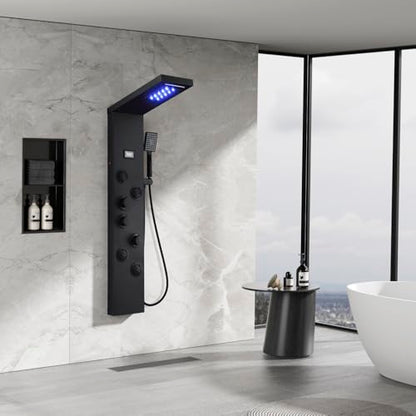 5-in-1 LED Shower Panel Tower System Matte Black Stainless Steel | Rainfall + waterfall | 4 body jets | Handheld shower | LED lights | Wall mount - color: Matte Black