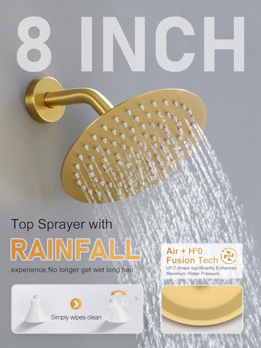 Woindo Shower Faucet Set with Slide Bar, 12" Rain Shower Head/8'' Side Shower Head and 10 Setting Handheld Ceiling Mount 3 Push Button Diverter Complete Rainfall Shower System Included Valve Trim Kit - color: Brushed Gold, style: 12"-R-Ceiling-02