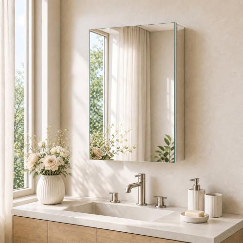 24 x 32 Aluminum Medicine Cabinet Mirror, Moisture & Rust Resistant Bathroom Wall Cabinet with Mirror, Recessed or Surface Mount with Adjustable Shelves, Tempered Glass & Soft Close Hinges - size: 32"L x 24"W