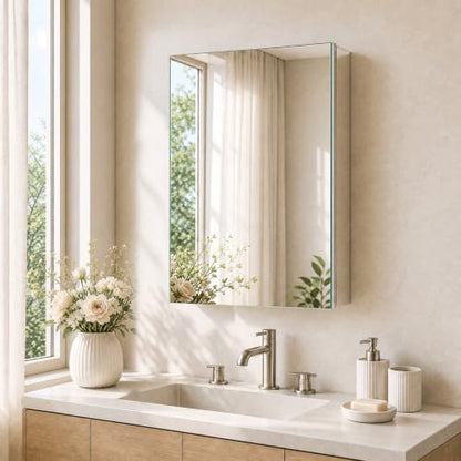 24 x 32 Aluminum Medicine Cabinet Mirror, Moisture & Rust Resistant Bathroom Wall Cabinet with Mirror, Recessed or Surface Mount with Adjustable Shelves, Tempered Glass & Soft Close Hinges - size: 32"L x 24"W