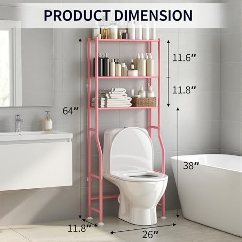 3-Tier Over The Toilet Storage, Freestanding Metal Bathroom Shelves, Space Saver Above The Over Toilet Storage Shelf for Bathroom (Pink) - color: Pink