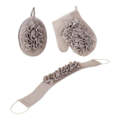 Triple Bath Scrub Set with Extended Back Scrubber Cleans Exfoliator Soft Washcloth Spa Grade Bathroom Essential Bath Scrubber Set - color: Gray