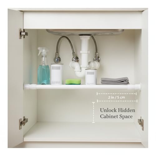 Adjustable Telescopic Tension Shelf for Under Sink Storage, No-Drill PP Plastic Cabinet Organizer Rack, White (1 Pack) - size: 16.14 x 0.51 x 0.51 in