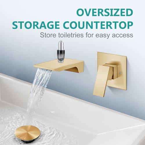 Wall Mount Bathroom Faucet, Waterfall Tub Filler, Brushed Gold | SUS304 Waterfall Spout, Rough-In Valve, Single-Handle Control, 1/2-Inch NPT, Flexible Handle Placement - color: Brushed Gold