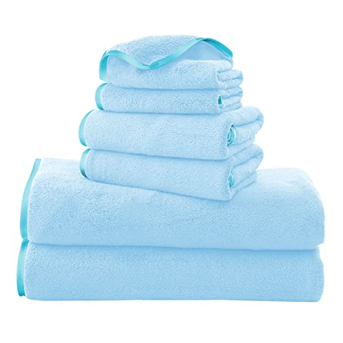 TENSTARS Luxury Silk Hemming Towel Set - Light Thin Quick Drying - 2 Bath Towels 2 Hand Towels 2 Washcloths - Ultra Soft Microfiber Towel for Bath Fitness, Sports, Yoga, Travel (Aquamarine 6 Pieces) - color: Aquamarine, size: Towel Set - 6 Piece