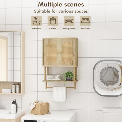 RUSTOWN Rattan Bathroom Wall Cabinet, Modern Boho Medicine Cabinets, Small | 2 Arched Rattan Doors, Adjustable Shelf, Towel Bar Rack, Over The Toilet Storage Cabinet for Bathroom, Living Room, Kitchen - size: Small