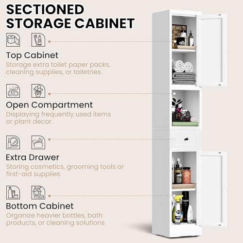 71 Inch Tall Narrow Bathroom Storage Cabinet, Slim Metal Freestanding Floor Cabinet with Doors, Adjustable Shelves, Drawer & Open Shelf, Bathroom Organizer for Small Spaces, White