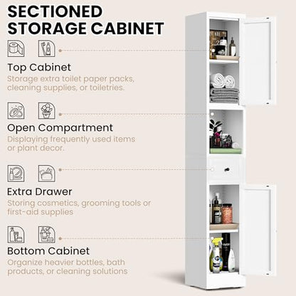 71 Inch Tall Narrow Bathroom Storage Cabinet, Slim Metal Freestanding Floor Cabinet with Doors, Adjustable Shelves, Drawer & Open Shelf, Bathroom Organizer for Small Spaces, White