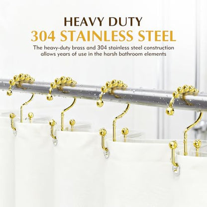 12 Pcs Gold Shower Curtain Hooks, 304 Stainless Steel Shower Curtain Hooks | Shower Curtain Rings Rust Proof, Double Hook Glide Shower Curtain Hooks Gold for Bathroom, Modern Decorative Shower Hooks
