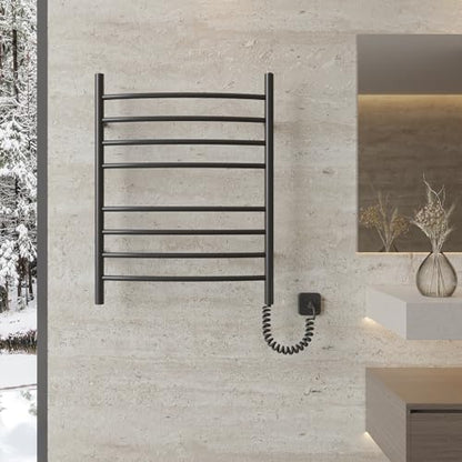 8-Bar Towel Warmer, Heated Towel Rack, Plug-in, Matte Black | 304 Stainless Steel Curved 8-Bar Wall-Mounted Towel Warmer With Plug-In Installation Only For Bathrooms - color: Matte Black