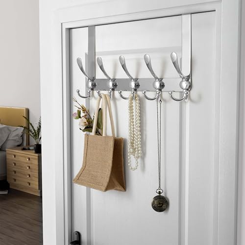 Over Door Hook 2.0 - Upgraded Version - Simple-Assembly, Strong, Heavy-Duty Stainless Steel 5-Tri-Hook Over The Door Hanger Rack, SimpleStrong Series, Chromed, Pack of 2 - color: Chromed