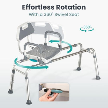 Sliding Shower Chair Tub Transfer Bench with Swivel Seat, Shower Bench for Elderly and Disabled, with Security Belt, 360 Rotation, Slides and Rotates, Adjustable,one Touch Slide Button, Grey - color: Grey