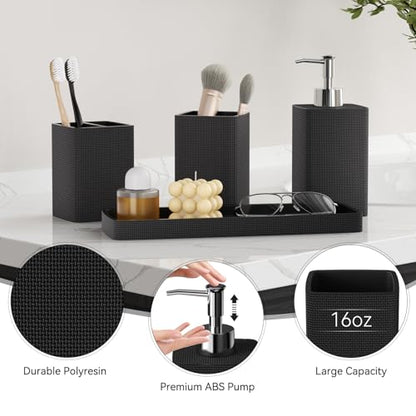 Black Bathroom Sets, Black Bathroom Accessories Set with Shower Curtain and No-Slip Bath Rugs, Natural Loofah Sponge, Soap Dispenser, Toothbrush Holder, Bathroom Tumbler and Tray for Bathroom - size: Bath Set+Shower Curtain+Bath Rugs+2PCS Loofah, style: B