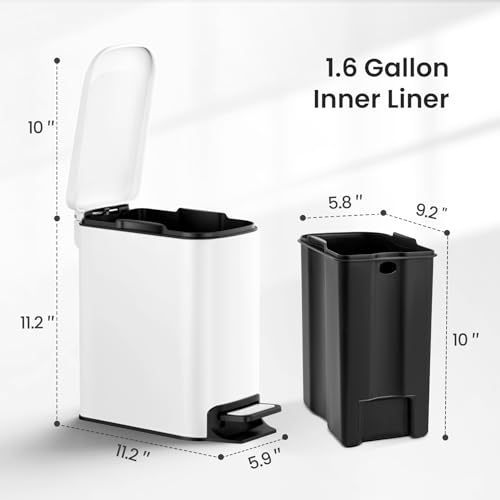 Cesun Small Bathroom Trash Can with Lid, 1.6 Gal, Soft Close, White | Step pedal soft close, Slim 5.9in fits narrow spaces, Stainless steel, Anti-fingerprint, Removable inner bucket, Odor seal - color: White