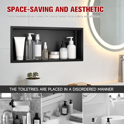 VELPAX No Tile Needed Shower Niche 30"X 12", Bathroom Wall Niche Single Shelf, Stainless Steel Shower Niche for Bathroom, Kitchens, Balconies - color: Black, size: 30"X 12" Single Shelf