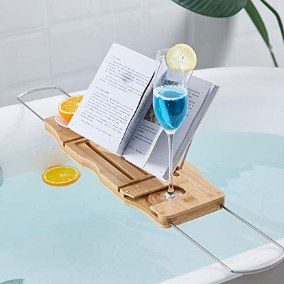 Ruby Lil Bamboo Bathtub Caddy Bathroom Tray,Bathtub Caddy Tray Expandable with Ipad/Book Holder/Wine Glass Holder,Bath Shelf Foldable,Natural