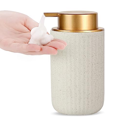 Ceramic Hand Foaming Soap Dispenser - 300ml Hand Foaming Pump Soap Dispenser for Hand Wash Beige Ceramic Dish Liquid Foam Dispenser for Kitchen Bathroom - color: Foam-stripe