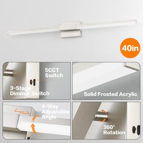 SOLFART Bathroom Lights Over Mirror 40-Inch: Brushed Nickel 5CCT Dimmable Bathroom Vanity Light, Solid Frosted Acrylic, Built-in Dimmer, 360 Degree Rotation, ETL IP44 - color: Brushed Nickel-5CCT, 5-Step Brightness Control, size: 40 inch