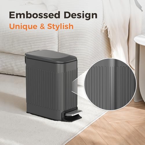 TrashAid Small 1.6 Gallon Stainless Steel Trash Can with Removable Inner Bucket, Grey, Hands Free Step Pedal Design | Removable Inner Bucket, Stainless Steel Garbage Can, Small Wastebasket for Toilet/Office/Bedroom, Retro Design, Odor Control - color: Gre