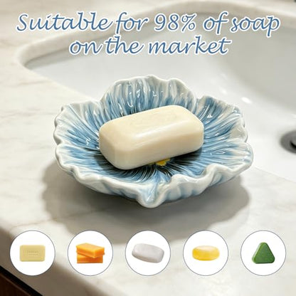 Ceramic Soap Holder with Flower Arrangements, Automatic-Draining Soap Tray for Bathroom Sink & Shower, Small Cute Elegant Glazed Holder, Easy to Clean (Blue) - color: Blue