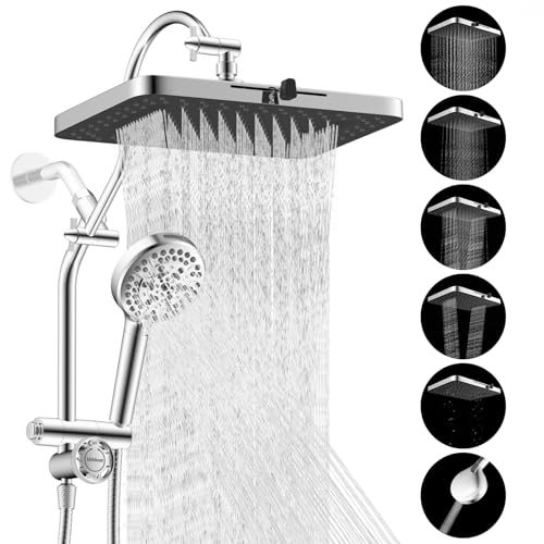 Hibbent cUPC Certified High Pressue 13'' Rainfall Shower Head with 5-Spray | Shower Heads with Handheld 10-Spray Combo, All Metal Easy Reach 4-way Diverter Extension Arm, 71'' Hose & Holder, Chrome - color: Chrome, style: Square 13"