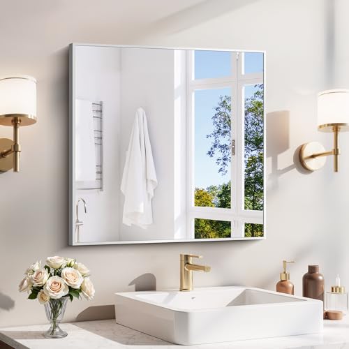 YIROMAN Bathroom Mirror 24"x24", Brushed Silver Bathroom Mirror for Over Sink with Aluminum Frame, Square Vanity Mirror with Right Angle, Wall Mirror Hangs Horizontal or Vertical - color: Silver, size: 24"L x 24"W