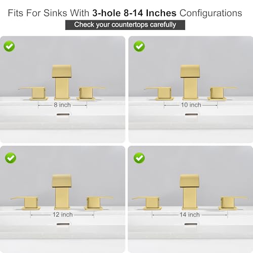 GAGALIFE 8 Inch Waterfall Bathroom Faucets 3 Hole - Brushed Gold Widespread Bathroom Faucet with Pop-up Drain, Two Handles Bathroom Sink Faucet, Modern Vanity Sink faucets with Supply Lines - color: Gold, style: With Drain