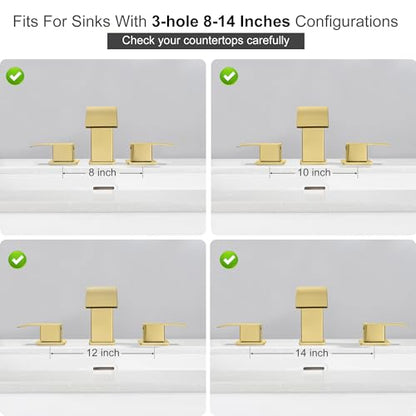 GAGALIFE 8 Inch Waterfall Bathroom Faucets 3 Hole - Brushed Gold Widespread Bathroom Faucet with Pop-up Drain, Two Handles Bathroom Sink Faucet, Modern Vanity Sink faucets with Supply Lines - color: Gold, style: With Drain